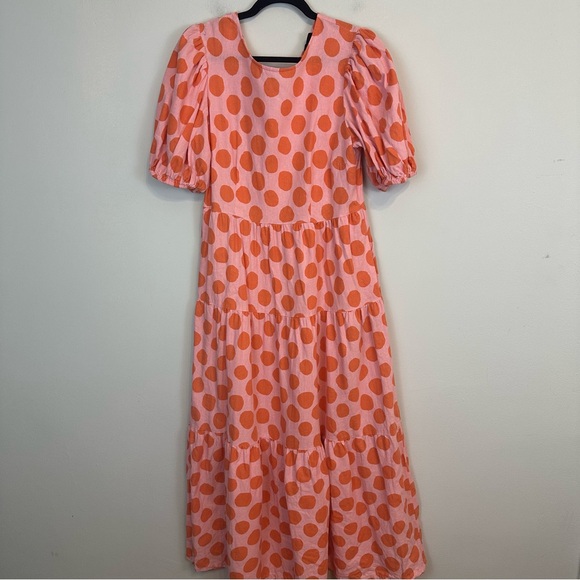 Who What Wear | Pink and Orange Polka Dot Linen Tiered Maxi Dress Size Medium - Picture 2 of 8